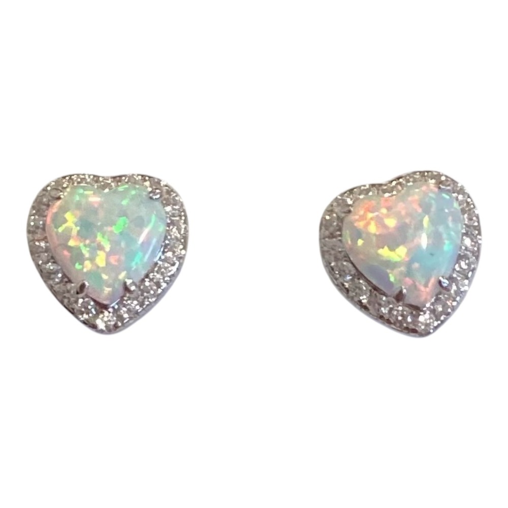 Sterling Silver 6mm White Opal Heart Halo Stud Earrings 1.82 CTTW